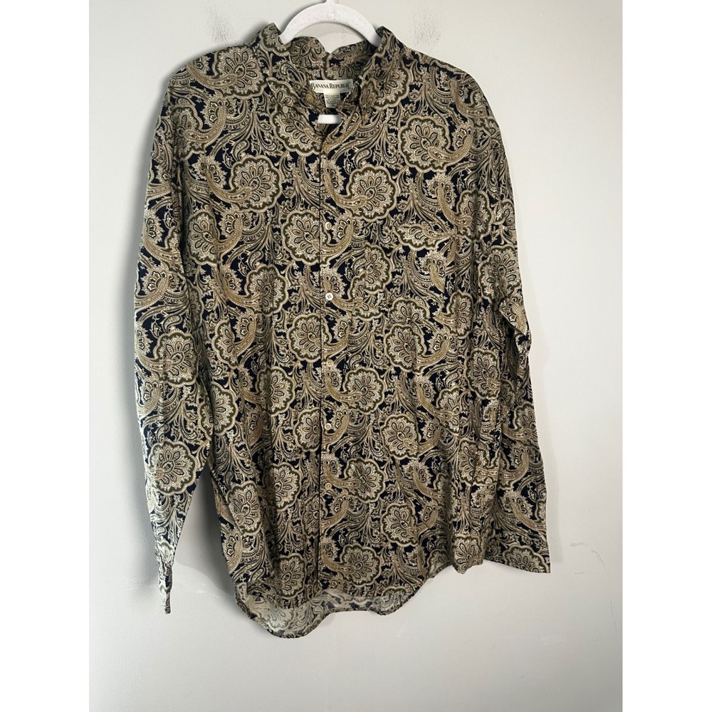 VINTAGE Banana Republic Mens XL Paisley‎ Button Down Shirt Navy Tan Long Sleeve